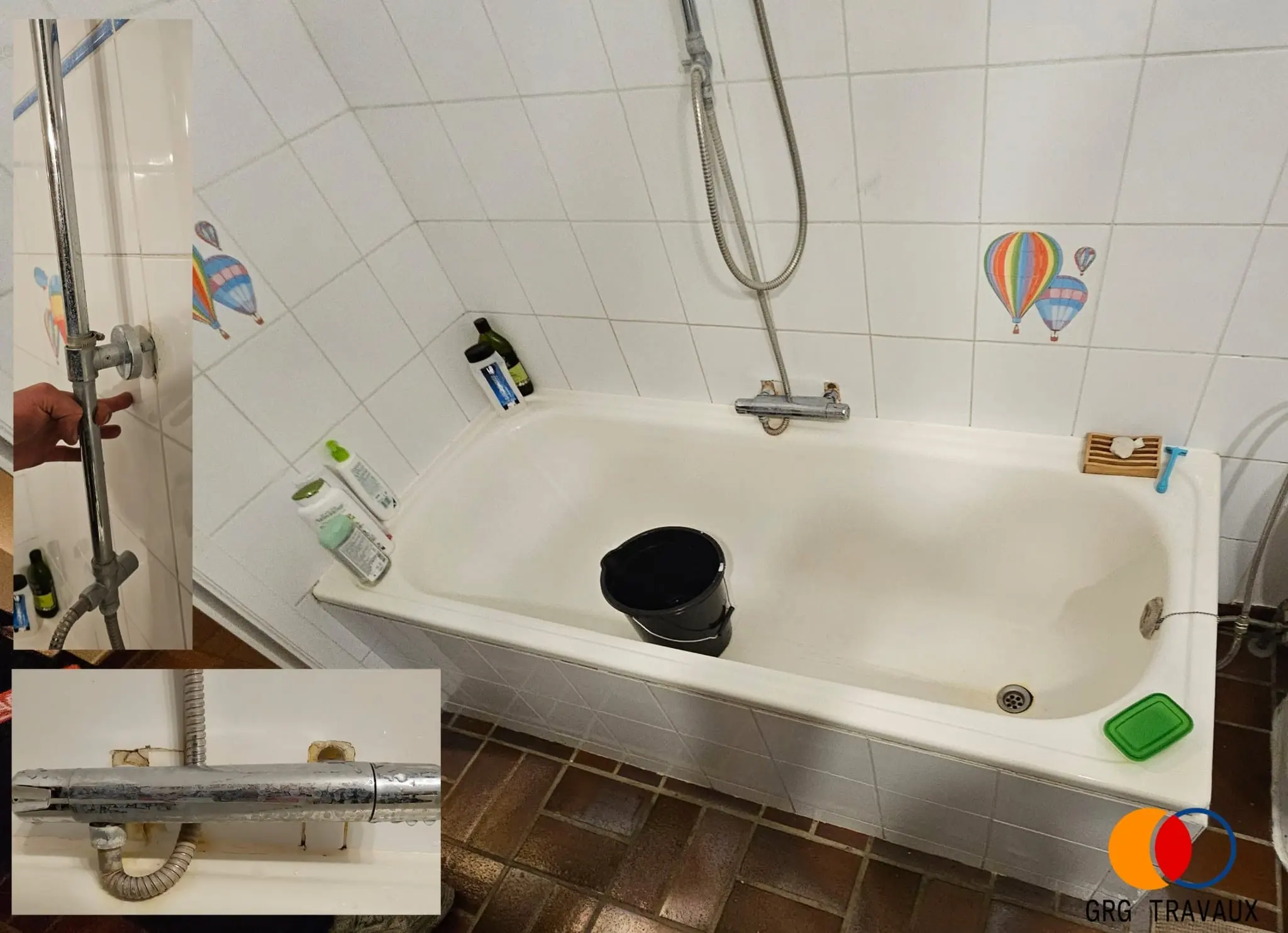 Ancienne baignoire arrondie et robinetterie entartrée avant rafraîchissement